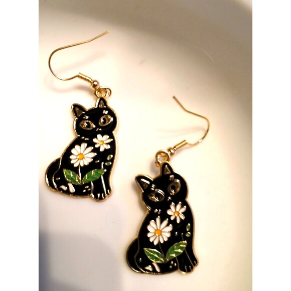Enamel Black Cat Shaped Earrings Daisies Flowers Dangle - Picture 6 of 8
